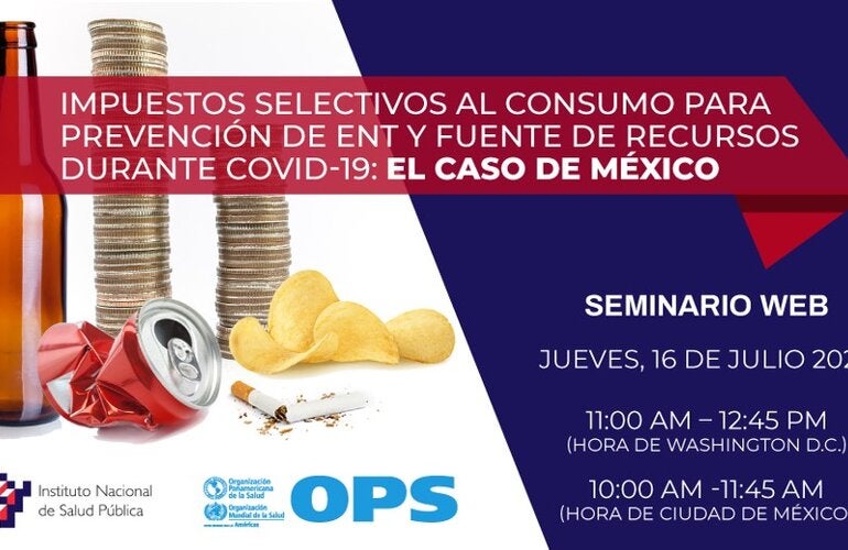 ilustración que muestra a la izquierda una botella de cerveza sin marca, una lata de refresco aplastada, dos columnas de monedas, un cigarrillo roto a la mitad y un montoncito de patatas fritas. A la derecha la información sobre el webinar