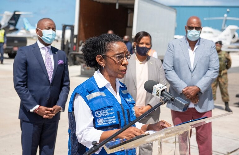 Dr Eldonna Boisson, PAHO-WHO The Bahamas and Turks and Caicos Islands Country Representative, gives remarks during the vaccine arrival ceremony