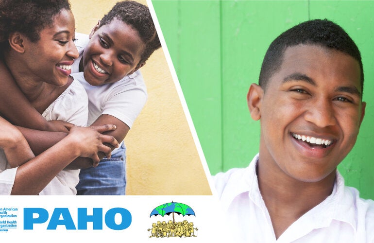 Double photo: on the left, two women hug each other and smile. on the right, close up of a young boy smiling, over a green background