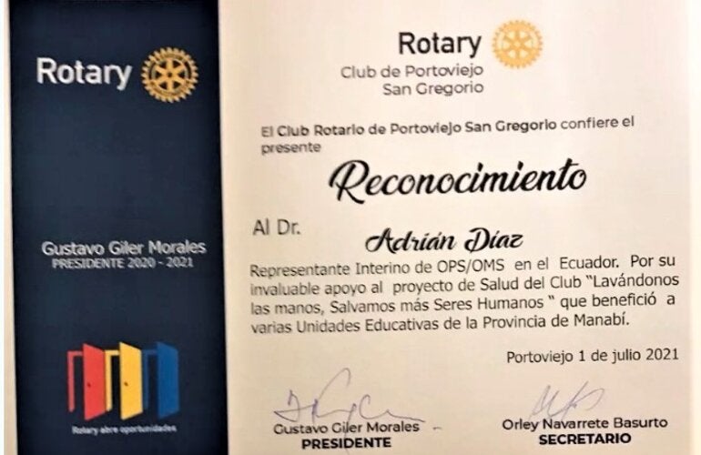 Club Rotario de Portoviejo reconoce apoyo de OPS/OMS en Ecuador