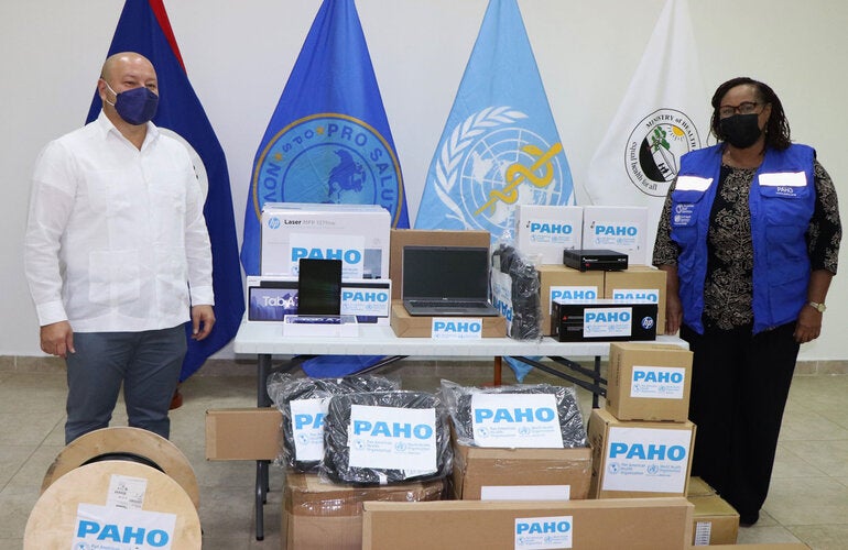 PAHO/WHO Belize handover IT equipment to the MoHW