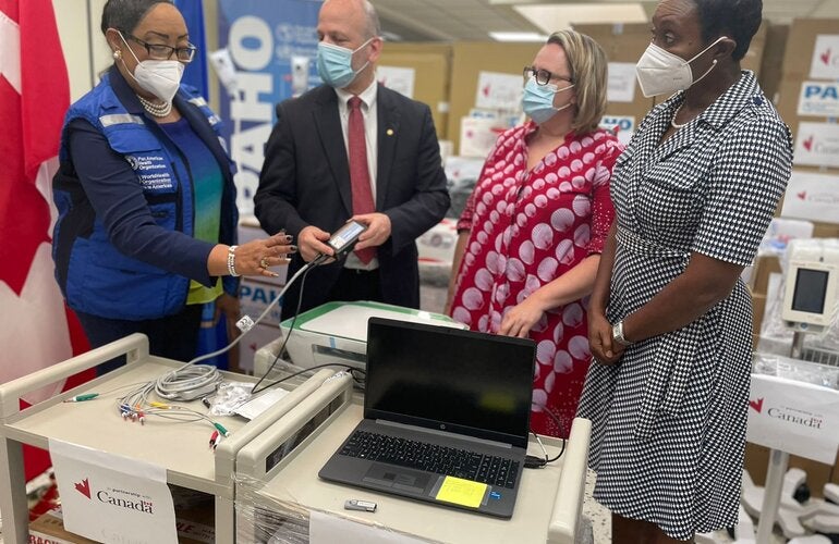 (L-R) Dr Bullock DuCasse, PAHO Adviser, Health Emergencies; Ian Stein, PAHO/WHO Representative in Jamaica, Bermuda and the Cayman Islands; High Commissioner Emina Tudakovic, High Commissioner of Canada to Jamaica and Honourable Juliet Cuthbert-Flynn, State Minister in the Ministry of Health and Wellness at the Caribbean Disaster Risk Management Program – Health Sector Project handover ceremony earlier today at the PAHO/WHO Jamaica Country Office. 