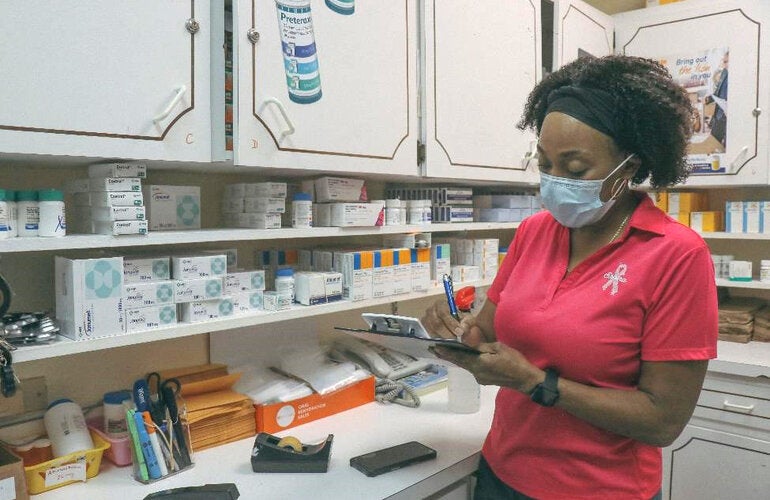 Inventory of pharmaceuticals at a pharmacy, Fleming Street Clinic, October 2021.  PAHO/WHO Paulterra Johnson