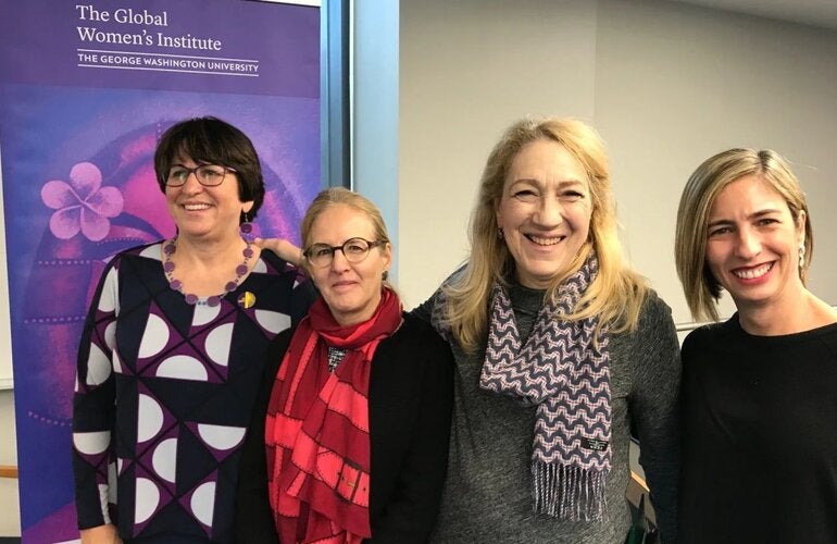 Photo: Mary Ellsberg, Director of the Global Women's Institute at the George Washington University; Claudia Garcia Moreno, Lead on violence against women at WHO; Lynn Goldman, Dean of the Milken Institute School of Public Health (GWU); Alessandra Guedes, Regional Advisor on Family Violence at PAHO.