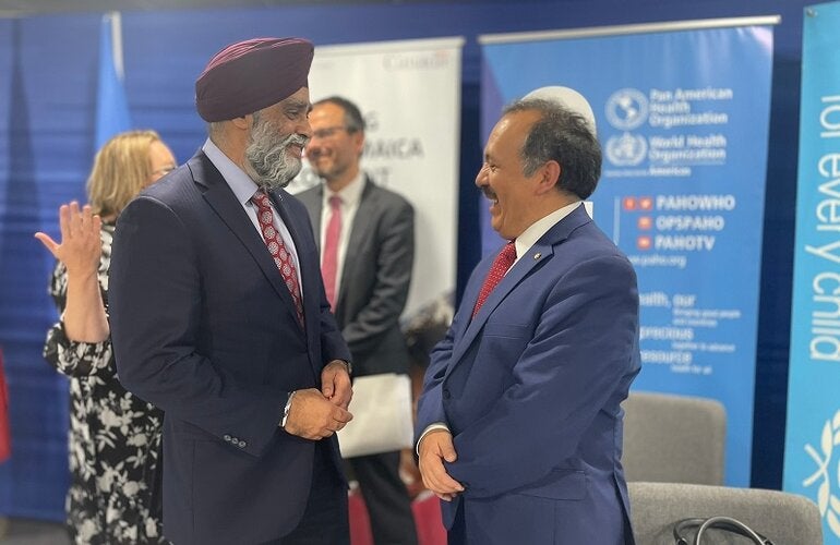 The Honourable Harjit Sajjan, Canada’s Minister of International Development, was deep in conversation with Dr. Ciro Ugarte, Director of Health Emergencies at PAHO, at the CanGIVE launch held earlier in  International Seabed Authority Media Room in Kingston.
