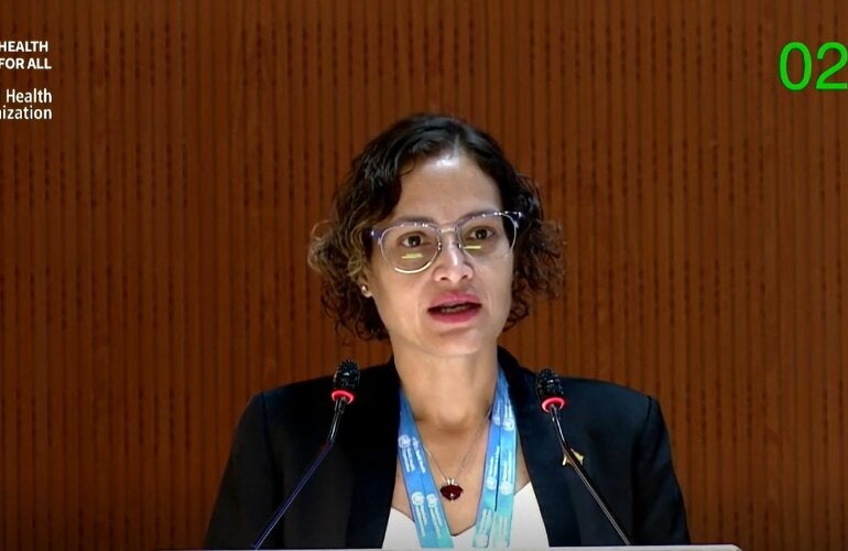 La ministra de salud de Venezuela, Magaly Gutiérrez, durante su intervención en la 76 Asamblea Mundial de la Salud