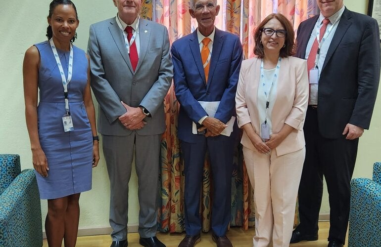 Executive Director, Healthy Caribbean Coalition, Maisha Hutton; PAHO Director, Dr Jarbas Barbosa; President of HCC, Prof. Sir Trevor Hassell; Advisor, Noncommunicable  Diseases and Mental Health, Dr Gloria Giralda and Subregional Programme Director, PAHO, Dean Chambliss.