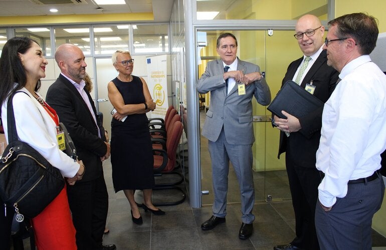 PAHO Director, Dr Jarbas Barbosa (center) after meeting with Ambassador Malgorzata Wasilewska, Head of Delegation to Barbados, the Eastern Caribbean States, the OECS and CARICOM/CARIFORUM (3rd left)