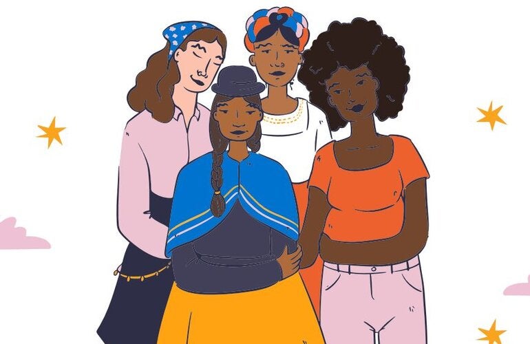 Ilustración de cuatro mujeres de diferentes razas, etnias