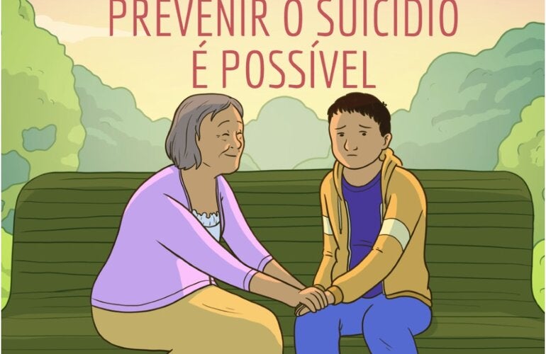 ilustração de uma mulher mais velha segurando as mãos de um adolescente em um banco verde ao ar livre com o título "A prevenção do suicídio pode salvar vidas"