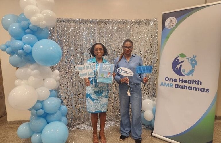 Celebrating World AMR! Dr. Eldonna Boisson, PAHO/WHO Country Representative for The Bahamas and Turks and Caicos Islands, and Dr. Jessica Edwards, AMR Focal Point, Ministry of Health and Wellness pose for a photo during a community outreach