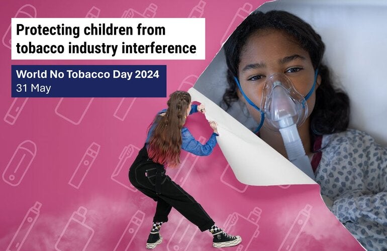 A girl ripping a pink paper wall, behind it there is a little girl hospitalized with an oxigen mask over her face. On the left, the text Protectin children from tobacco industry interference. World No Tobacco Day 2024