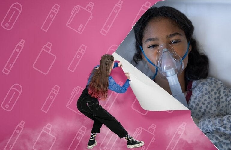 Uma rapariga a rasgar uma parede de papel cor-de-rosa, atrás da qual se encontra uma menina hospitalizada com uma máscara de oxigénio na cara.