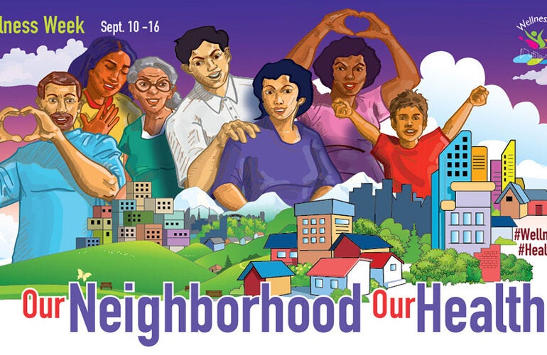 People of different ages and ethnicities surrounded by their neighborhood