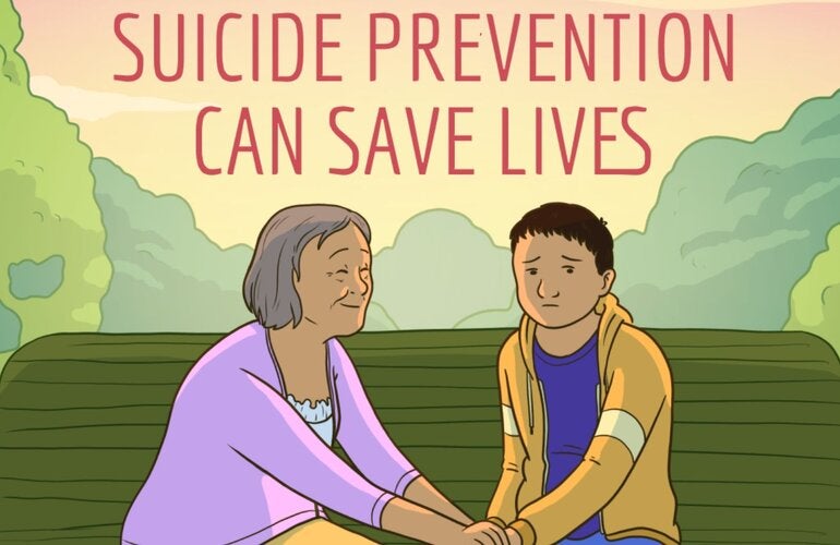 illustration older woman holding adolescent's hands on a green bench outdoors with title suicide prevention can save lives