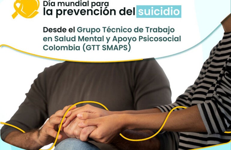 Banner del Día Mundial de la Prevención del Suicidio 2024. Fotografía con dos personas sosteniéndose las manos.