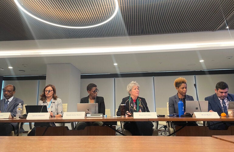 Grupo de personal de la OPS y partes interesadas sentados alrededor de una mesa en una sala de reuniones en Washington DC