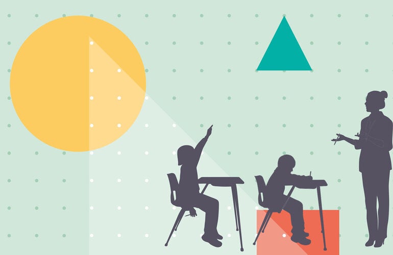 Ilustración con silueta de chicos en la escuela sentados en sus pupitres