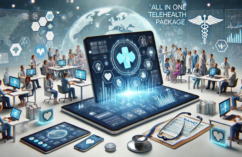 Computer screens with cross in the center and icons associated with health around. Physicians and nurses interact with computers.