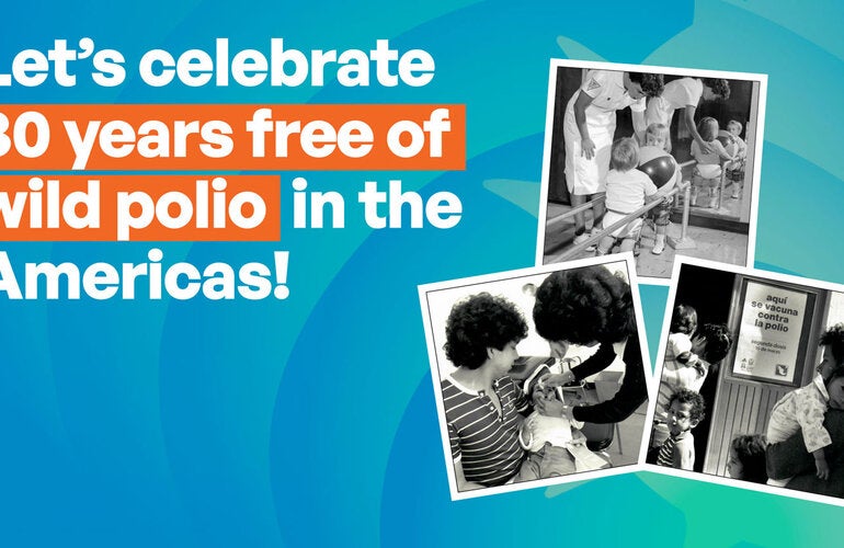 Graphic for the 30th year celebration of World Polio Day 2024. It has photos of children being vaccinated and in wearing braces and in physical therapy.