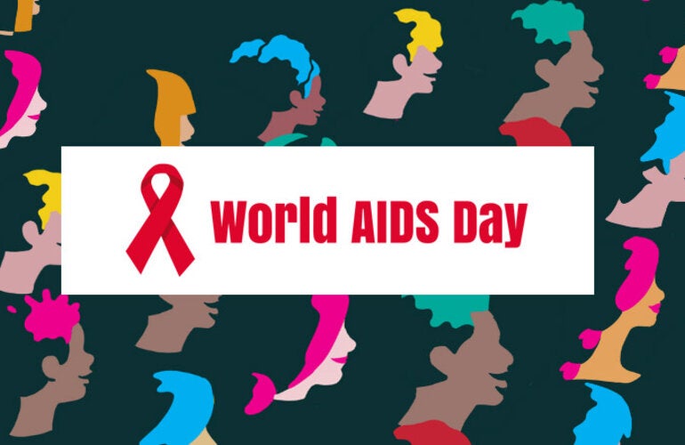 World AIDS banner with illustrations of faces
