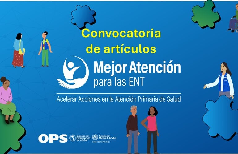 Ilustración que representa unas figuras humanas alrededor del cartel "Convocatoria de Artículos", y el logo de Mejor atención para las ENT"