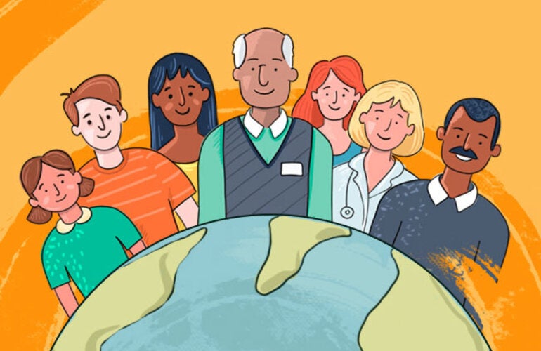 Personas de diferentes edades y nacionalidades alrededor del globo terráqueo