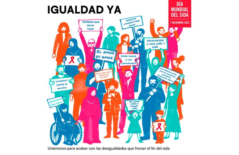 Grupo diverso con r'otulos: Un'amonos para acabar la desigualdad.