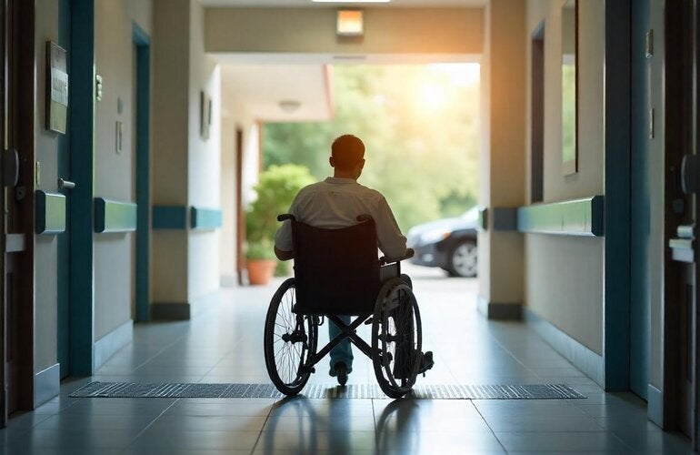 persona con discapacidad en una silla de ruedas, en la salida de un hospital
