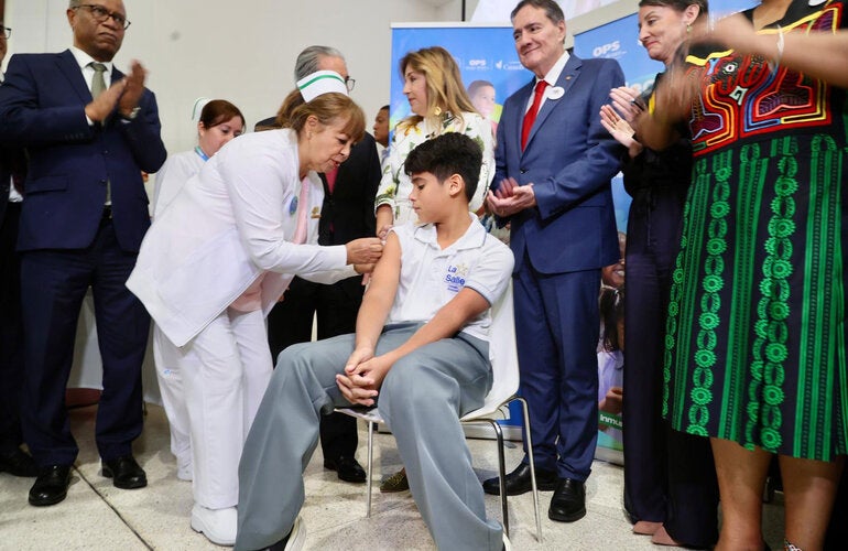 Boy receives vaccination during the launching of Vaccination Week in the Americas