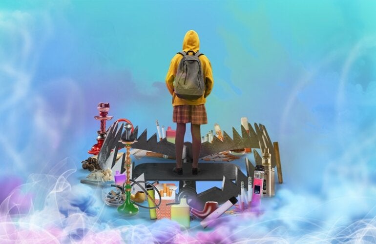 An adolescent with a back-pack and a yellow hoodie, seen from her back, standing in the middel of a bear trap sorrounded by tobacco products, in a blue background with white smoke