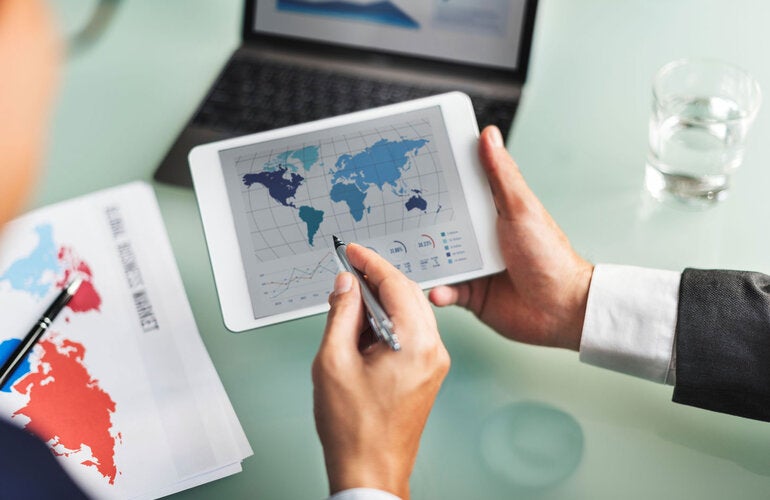 Dashboard showing world map and data