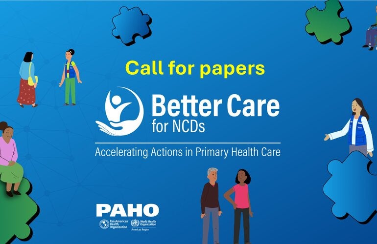 Illustration depicting human figures around the "Call for Papers" poster and the "Better Care for NCDs" logo.
