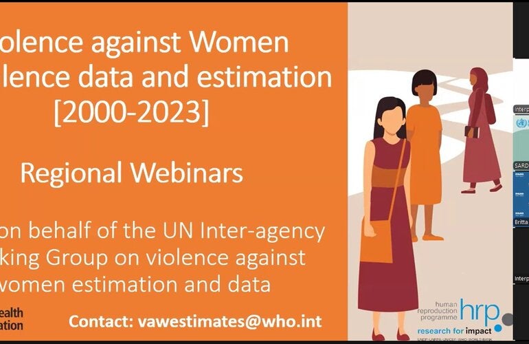 The name of the webinar and an illustration of three women occupy three-quarters of the screen, and in the remaining quarter, a column on the right with the photos of four of the webinar participants