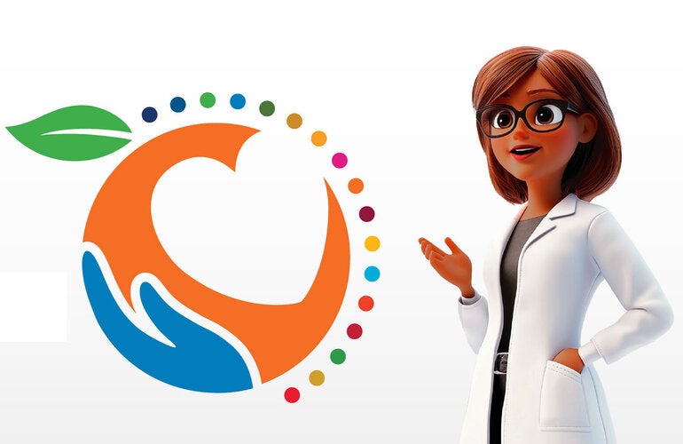 Arte para o Dia Mundial da Segurança Alimentar. Frutas representando o planeta com uma mão e um coração carinhosos.