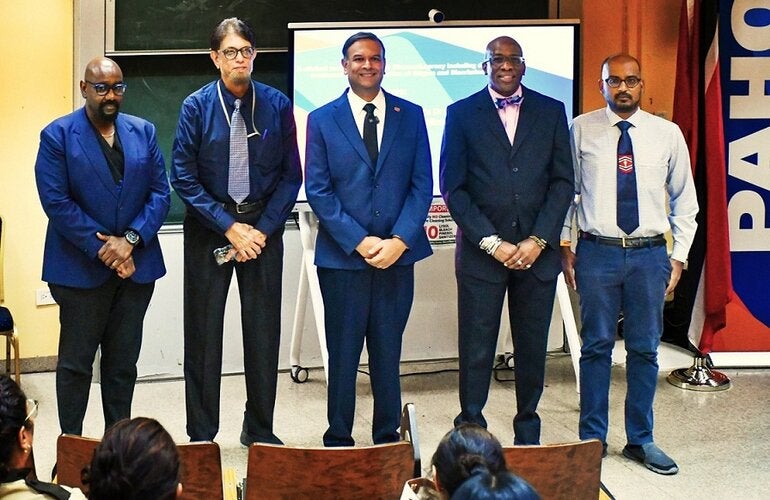 (L-R) Mr. Davlin Thomas – CEO of the NCRHA, Dr. Mushtaq Ali Saiyed - Director of the Hansen’s Disease Control Unit, MOH, The Honourable Dr. Rishad Seecheran - Minister in the Ministry of Health, Dr Stephen Nurse-Findlay - Advisor, Communicable Disease Control and Elimination, PAHO/WHO Trinidad and Tobago Country Office, Dr Kevin Khan-Kernahan - Chair IT Committee, Trinidad & Tobago Medical Association at the Hansen’s Disease Continuing Medical Education seminar series – North Central.