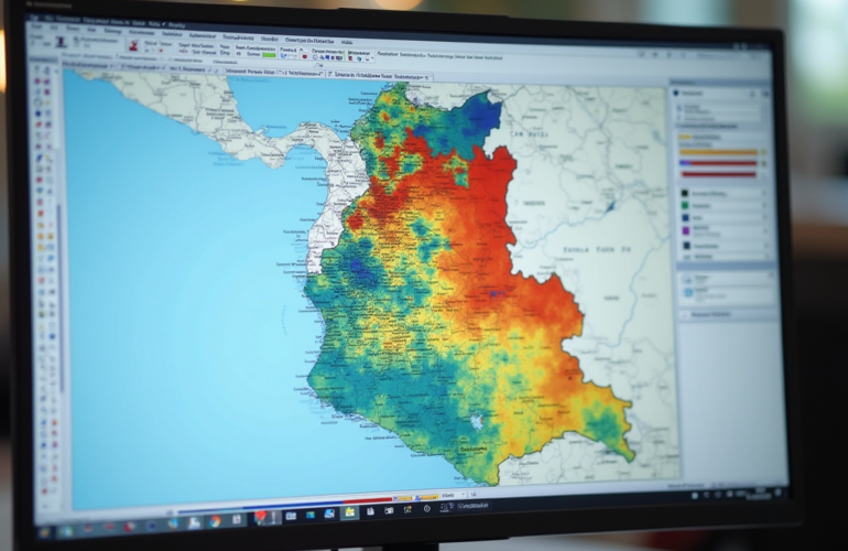  A choropleth map of Guatemala, divided into regions and colored according to a graduated color scheme, with a blurred legend indicating the values associated with each color. 