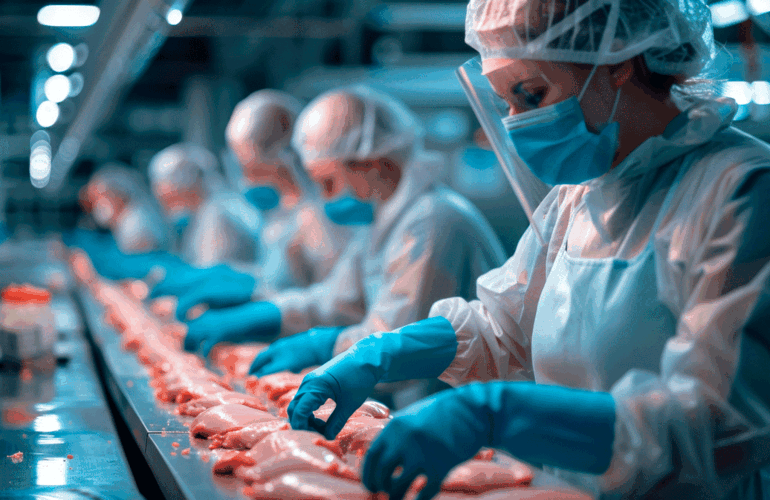 Mujeres con guantes, mascarilla y material de protección analizando pollo
