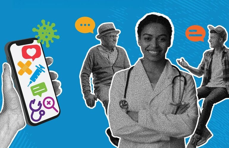 Mobile phone with icons, health worker, an older and a young adult