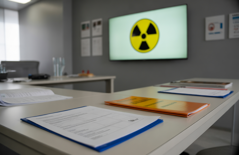 A natural, professional photo showing a modern virtual training focused on capacity building and safety in radiation emergency preparedness. The scene includes a wall screen IN FRONT displaying safety symbols. Documents, manuals, are neatly arranged on a clean table. No people are visible. The atmosphere is calm, organized, and realistic, with neutral lighting and a documentary-style composition. 