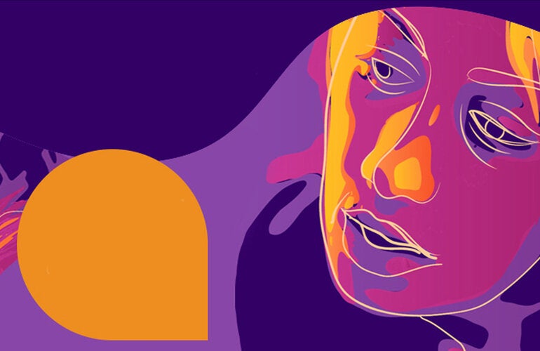 Cara de mujer en colores fuertes: naranja, morado y lila