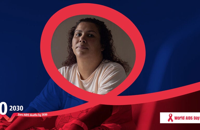 Women surrounded by a red ribbon