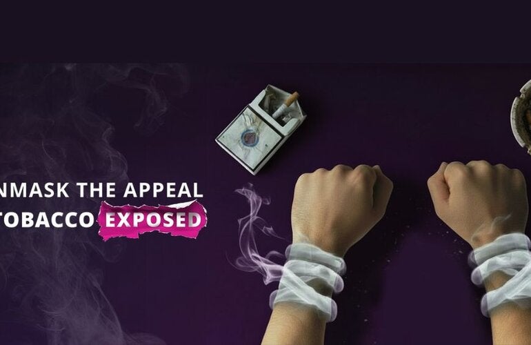 illustration of two hands tied with smoke on a dark purple background. The text "UNMASK THE APPEAL #TOBACCO EXPOSED  on the left 