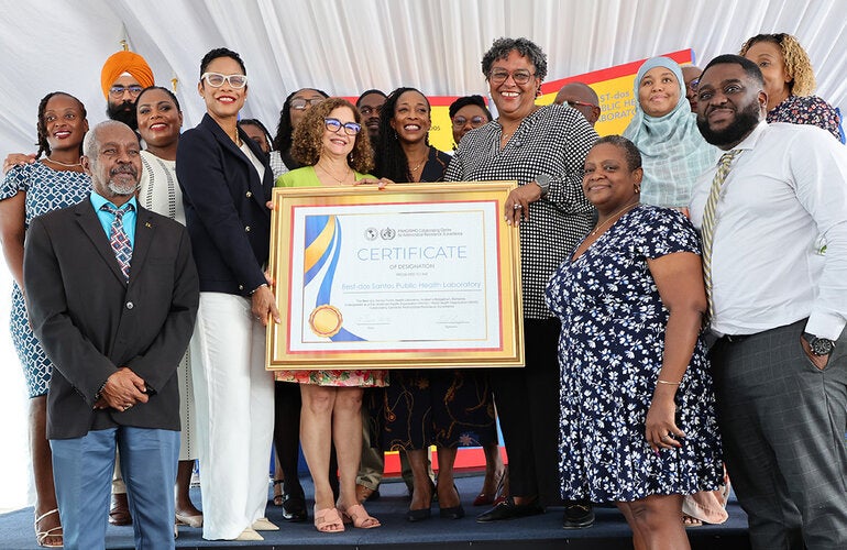 Group photo Barbados Best-dos Santos laboratory ceremony - PAHO/WHO Collaborating Centre designation