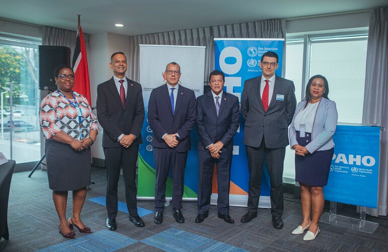 Minister of Health Honourable Dr. Lackram Bodoe, Minister in the Ministry of Health, Dr. Rishad Seecheran, PAHO/WHO Trinidad and Tobago Country Office, Dr. Gabriel Vivas Francesconi, Permanent Secretary Ministry of Health, Ms. Erica Fortune, Mr. Juan Carlos Rico, Advisor on Public Health Data Engineering, Information Systems and Digital Health Unit, EIH and Dr. Shellon Bovell, Advisor Health Systems and Services, PAHO/WHO Trinidad and Tobago Country Office.