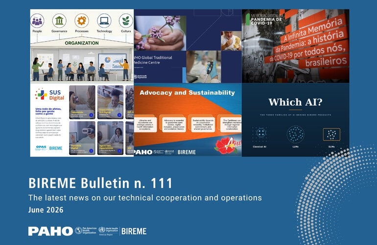 Cover of BIREME Bulletin No. 111, featuring the latest news on BIREME's technical cooperation and operations for June 2026.
