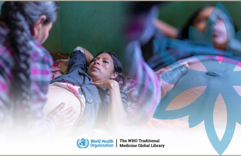 Montaje fotográfico de una mujer embarazada acompañada por una partera tradicional, con el logotipo de la Biblioteca Mundial de Medicina Tradicional de la OMS.