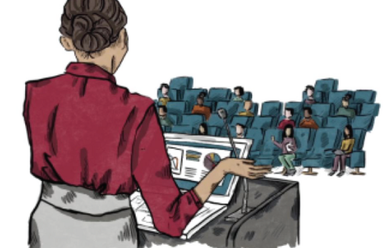 "Cover: Crisis communication related to vaccine safety: technical guidance. Illustration showing a woman giving a lecture.
