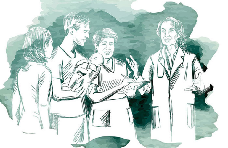 Dibujo de una familia con un recién nacido conversando con el personal de salud
