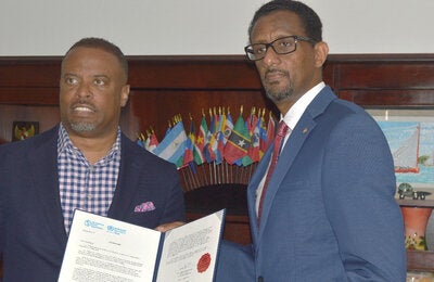 Dr Yitades Gebre (right) PAHO/WHO Representative to Barbados and the Eastern Caribbean Countries, presented his credentials to Minister Mark Brantley - Premier and Minister of Health - Nevis and Minister of Foreign Affairs, St Kitts and Nevis